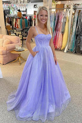 A Line Lilac Shiny Prom Dresses 2024 Spaghetti Straps Tulle Long Formal Dress