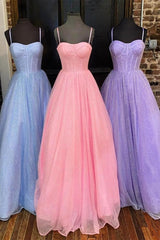 A Line Lilac Shiny Prom Dresses 2024 Spaghetti Straps Tulle Long Formal Dress