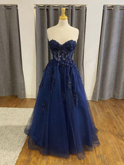 A Line 2024 Navy Blue Lace Long Prom Dresses Strapless Graduation Evening Dresses