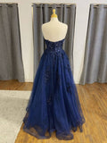 A Line Navy Blue Lace Long Prom Dresses Strapless Graduation Evening Dresses