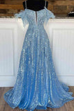 A Line Off-the-Shoulder Blue Plus Size Prom Dresses Sequin Feather with Slit