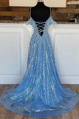 A Line Off-the-Shoulder 2024 Blue Plus Size Prom Dresses Sequin Feather with Slit