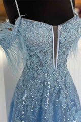 A Line Off-the-Shoulder 2024 Blue Plus Size Prom Dresses Sequin Feather with Slit
