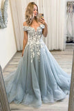 A Line Off Shoulder Lace Applique Prom Dresses Tulle Long Formal Dress