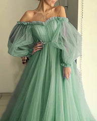 A Line Off The Shoulder Sage Green Prom Dress Long Tulle Wedding Dress Bubble Sleeves