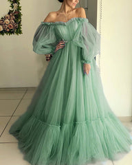 A Line Off The Shoulder Sage Green Prom Dress Long Tulle Wedding Dress Bubble Sleeves