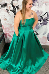 A Line 2024 Plus Size Prom Dresses Green Satin Long Formal Dress with Pockets