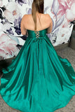 A Line Plus Size Prom Dresses Green Satin Long Formal Dress with Pockets