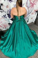 A Line 2024 Plus Size Prom Dresses Green Satin Long Formal Dress with Pockets