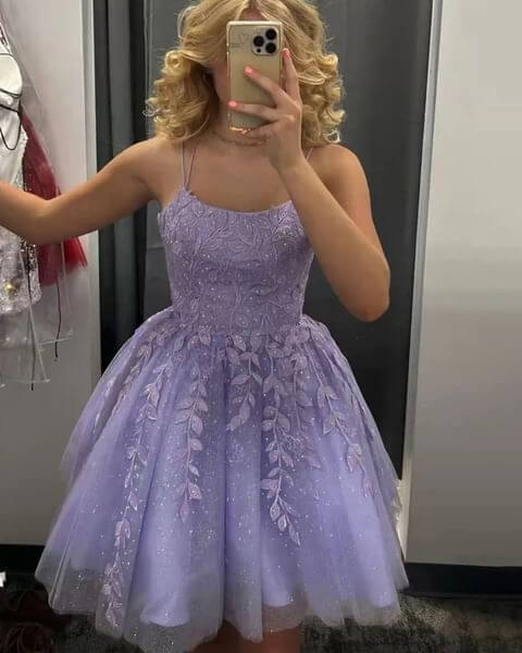 Purple Lace Homecoming Dresses Short