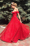 A Line Red Prom Dresses Off the Shoulder Shiny Sequin Evening Dress Long