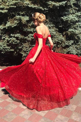 A Line Red 2024 Prom Dresses Off the Shoulder Shiny Sequin Evening Dress Long