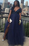 A Line Sequin Tulle Plus Size Prom Dresses Royal Blue High Waist Formal Dress