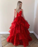 A Line Sparkly Ball Gown Red Prom Dresses 2024 Ruffled Tulle Formal Dress