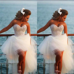 A Line Sweetheart Short Beach Pearl Hi-Lo Tulle White Wedding Dresses