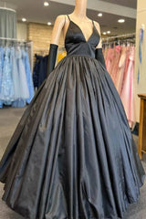 A Line V Neck Black Prom Dresses with Pocket Long Satin Formal Graduation Dress