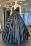 A Line V Neck Black Prom Dresses with Pocket Long Satin Formal Graduation Dress