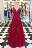 A Line V Neck Navy Blue Prom Dresses 2024 Lace Cheap Formal Dresses