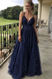 Lace Navy Blue Prom Dresses with Sequins Formal Graduation Dresses