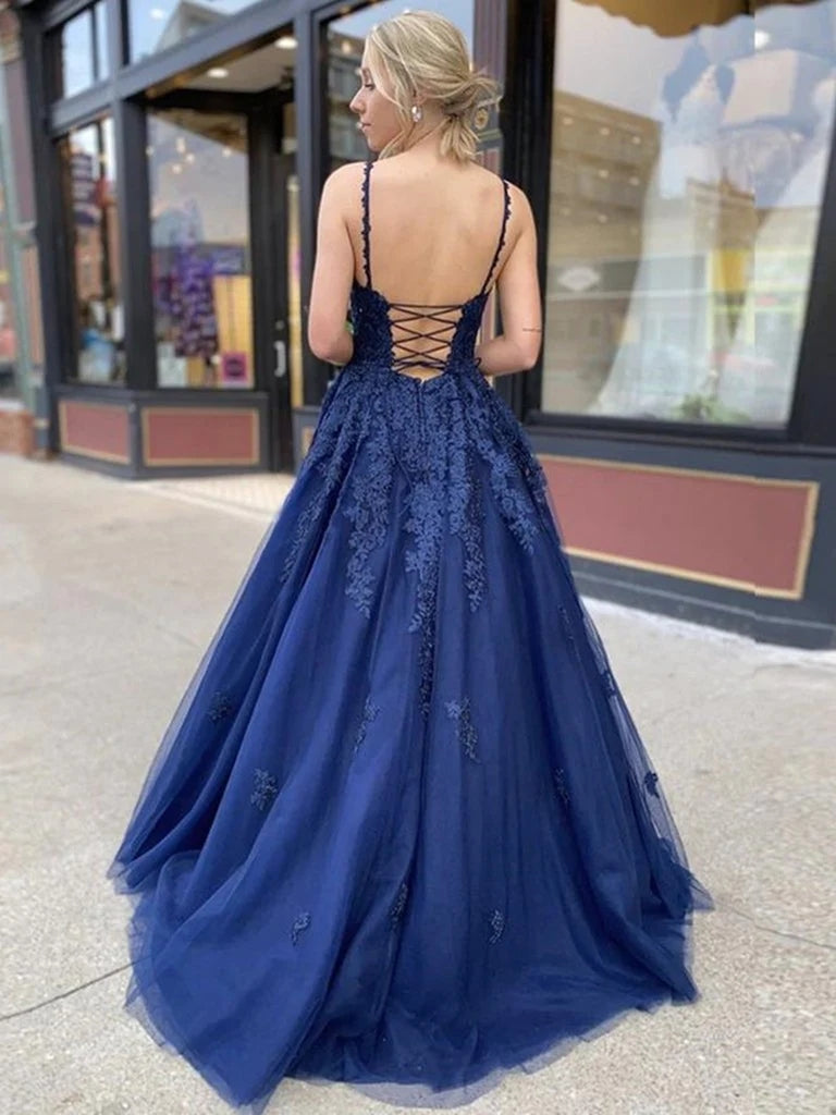 A Line V Neck Navy Blue Prom Dresses 2024 Lace Cheap Formal Dresses ...