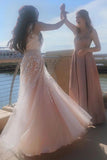 Hot Pink Lace Prom Dresses V Neck Long A Line Evening Gown with Belt