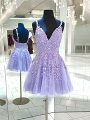 A Line V Neck Purple Homecoming Dress Cheap Lace Short Graduation Dress