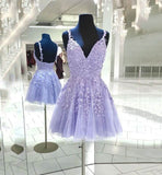 A Line V Neck Purple Homecoming Dress Cheap Lace Short Graduation Dress