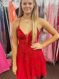 A Line V Neck Red Prom Dresses Lace Homecoming Dresses