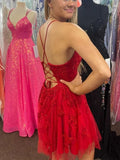 A Line V Neck Red Prom Dresses Lace Homecoming Dresses
