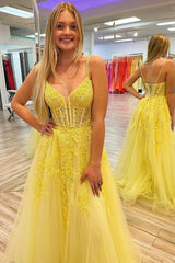 2024 A Line Yellow Lace Long Prom Dress V Neck Open Back UK Evening Dress Cheap
