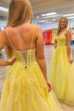 A Line Yellow Lace Long Prom Dress V Neck Open Back UK Evening Dress Cheap
