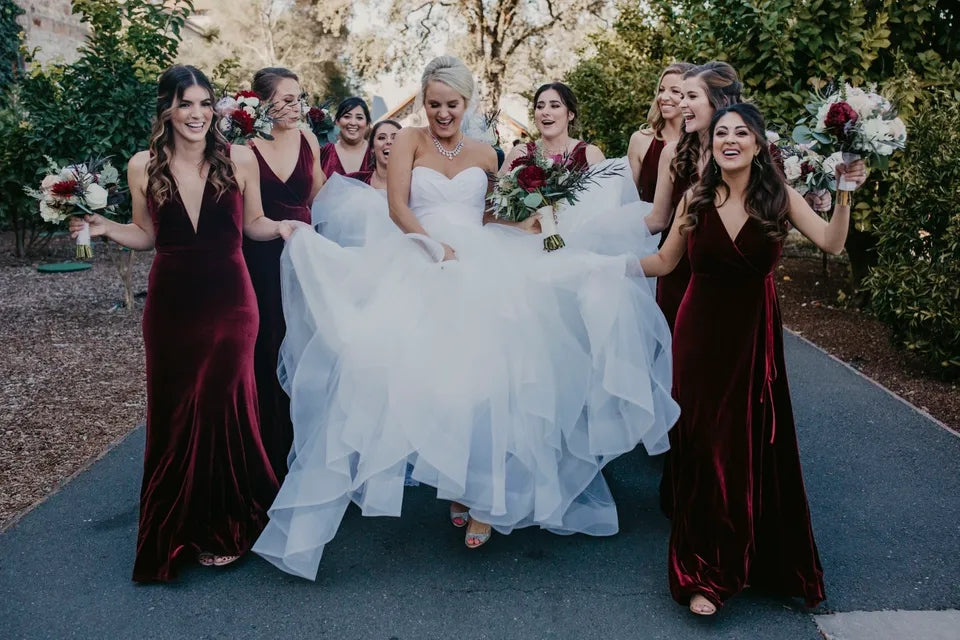 Affordable Winter Burgundy Velvet Bridesmaid Dresses UK V Neck