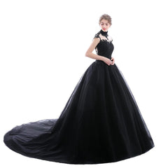 High Neck Lace Tulle Black Wedding Dresses Ball Gowns
