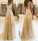 A Line V Neck Lace Champagne Prom Dresses Cheap