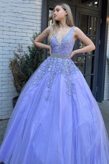 2024 Purple Lace Prom Dresses Sleeveless V Neck Formal Gowns