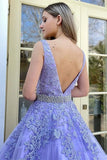 2023 Purple Lace Prom Dresses Sleeveless V Neck Formal Gowns