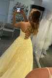 A Line Yellow Lace Prom Dresses Sleeveless Formal Evening Dresses