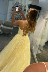 A Line Yellow Lace Prom Dresses 2024 Sleeveless Formal Evening Dresses
