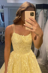 A Line Yellow Lace Prom Dresses 2024 Sleeveless Formal Evening Dresses