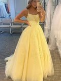 A Line Yellow Lace Prom Dresses Sleeveless Formal Evening Dresses