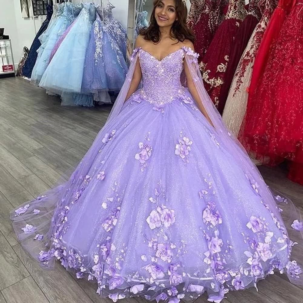 Ball Gown 2025 Quinceanera Dresses Purple With Cape 3D Flowers