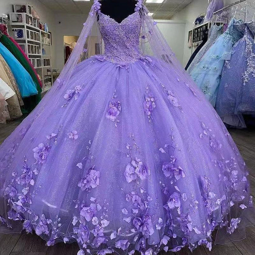 Ball Gown 2025 Quinceanera Dresses Purple With Cape 3D Flowers Tulle Sweetheart MyChicDress