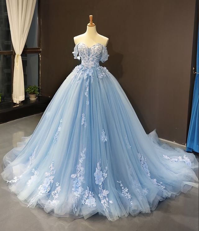 Ball Gown Blue Prom Dresses Lace Tulle Off Shoulder Evening Party