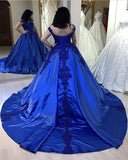 Off Shoulder Royal Blue Lace Satin Ball Gown Quinceanera Dresses