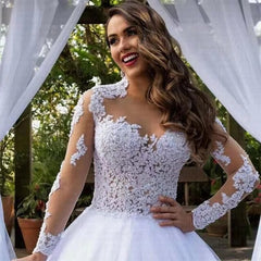 Ball Gown Vintage Wedding Dresses with Sleeves Appliques Crystals Long Train MyChicDress