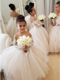 Princess Lace White Flower Girl Dresses Long Sleeves with Bowknot