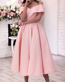 Beach Pink Wedding Guest Dresses Tea Length Satin Party Dresses Off Shoulder