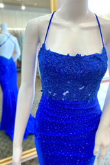 Beaded 2024 Royal Blue Prom Dress Lace Backless Mermaid Long Formal Dress