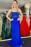 Beaded Royal Blue Prom Dress Lace Backless Mermaid Long Formal Dress