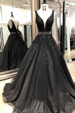 Sexy Sleeveless V Neck Lace Beading Black Long Prom Dresses